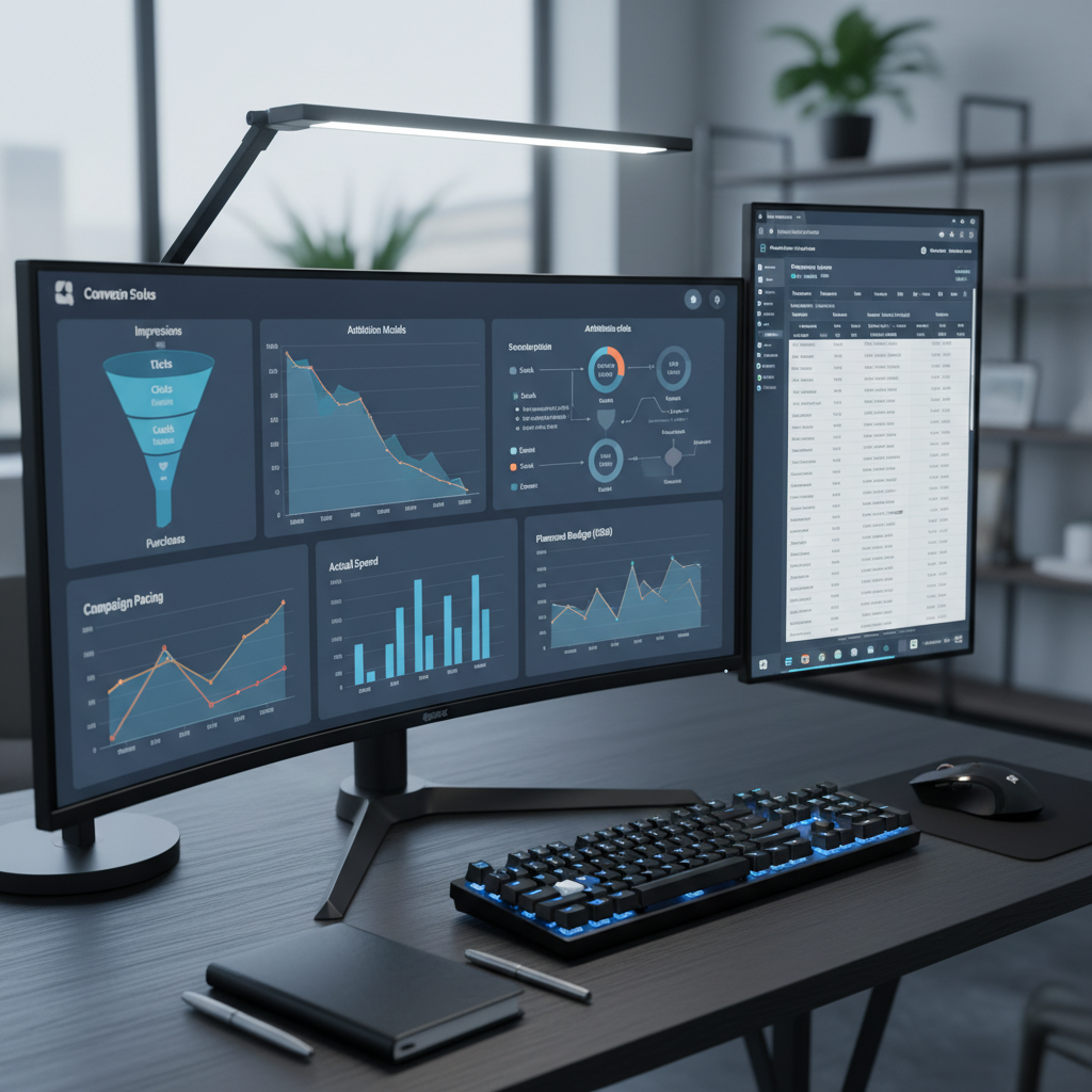A close-up of a dual-monitor workstation dedicated to marketing operations analytics: one ultra-wide screen shows a sophisticated, multi-panel dashboard with conversion funnels, attribution models, and campaign pacing charts, while the second display holds a detailed spreadsheet of budgets and timelines. A backlit mechanical keyboard and a precise laser mouse sit on a dark matte desk, beside a slim notebook aligned perfectly with the table edge. Soft, cool-toned task lighting from an articulated desk lamp highlights the monitors and keys, leaving the background in gentle blur. Shot from a three-quarter angle with shallow depth of field, the photographic composition feels focused, analytical, and rigorously data-driven.