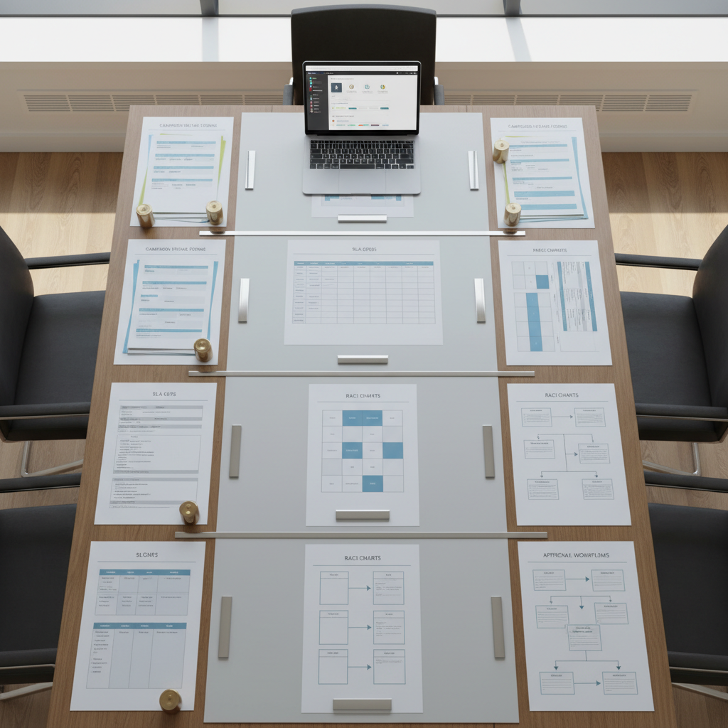 An overhead, bird’s-eye view of a long conference table transformed into a marketing operations playbook in physical form. On the surface lie neatly arranged printed frameworks for campaign intake forms, SLA grids, RACI charts, and approval workflows, each in its own precise zone with slim metal paperweights. A thin laptop at the head displays a project management board mirroring the physical layout. Soft, even daylight from a skylight above creates minimal shadows and emphasizes the clean geometry of the documents. The composition is perfectly top-down with strong lines and balanced negative space, conveying a mood of strategic clarity, systemization, and comprehensive documentation in a clean, modern photographic style.