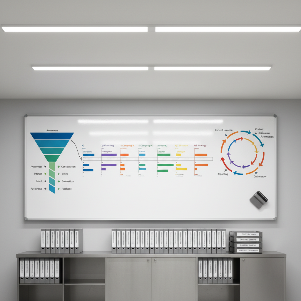 A large wall-mounted whiteboard transformed into a detailed marketing operations command center, covered not with scribbles but with cleanly drawn funnels, color-coded timelines, and process flows made of magnetized shapes and arrows. Below, a long metal credenza holds neatly stacked binders labeled by project phase and a row of organized trays for briefs and reports. Overhead LED strip lights cast even, cool illumination, eliminating harsh shadows and making every detail crisp. Captured straight on at eye level with perfect symmetry, the photographic image conveys a calm, methodical atmosphere, emphasizing organization, repeatable workflows, and disciplined planning over chaotic creativity.