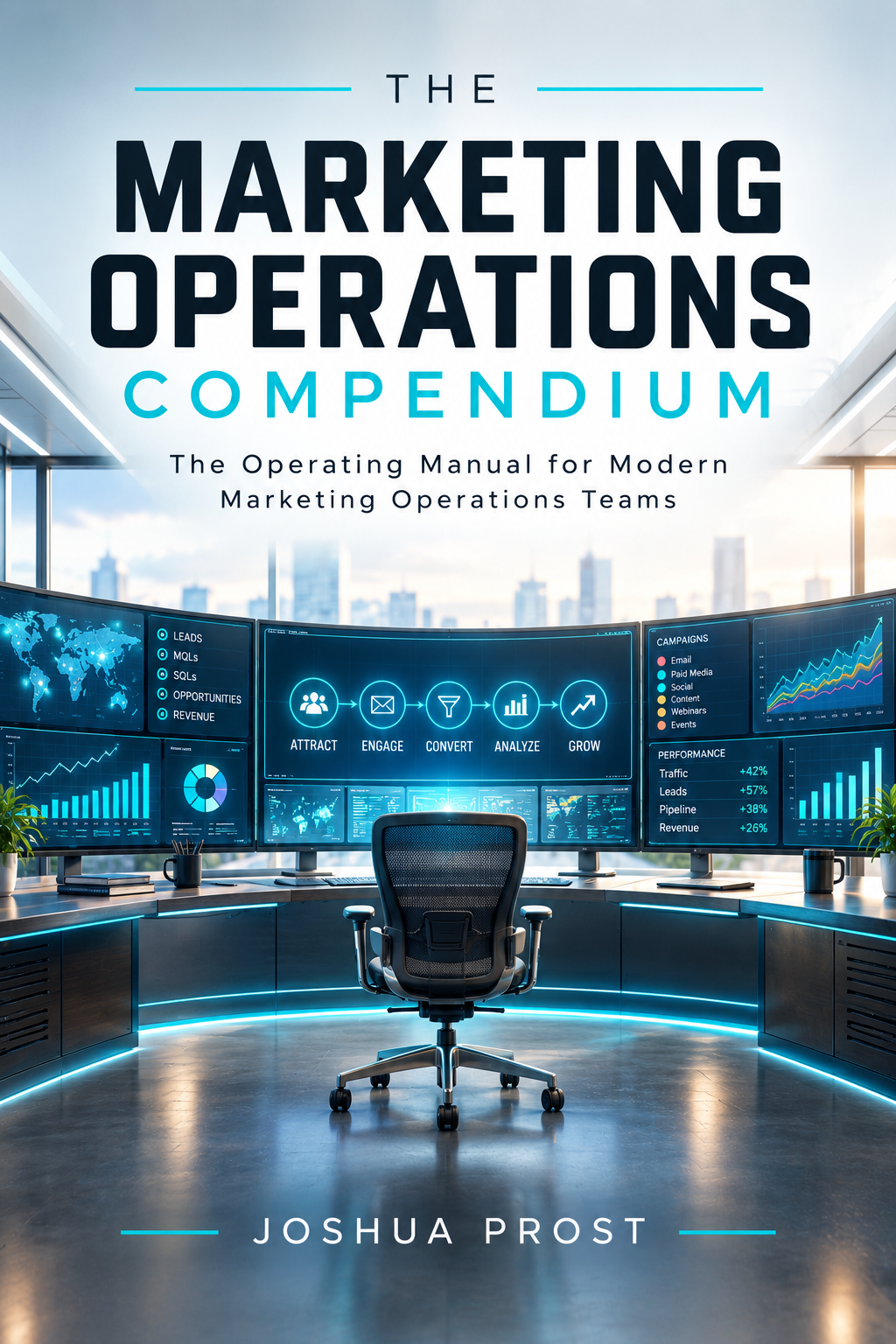 Cover of The Marketing Operations Compendium, an operating manual for modern marketing operations teams, shown above a marketing analytics workstation.